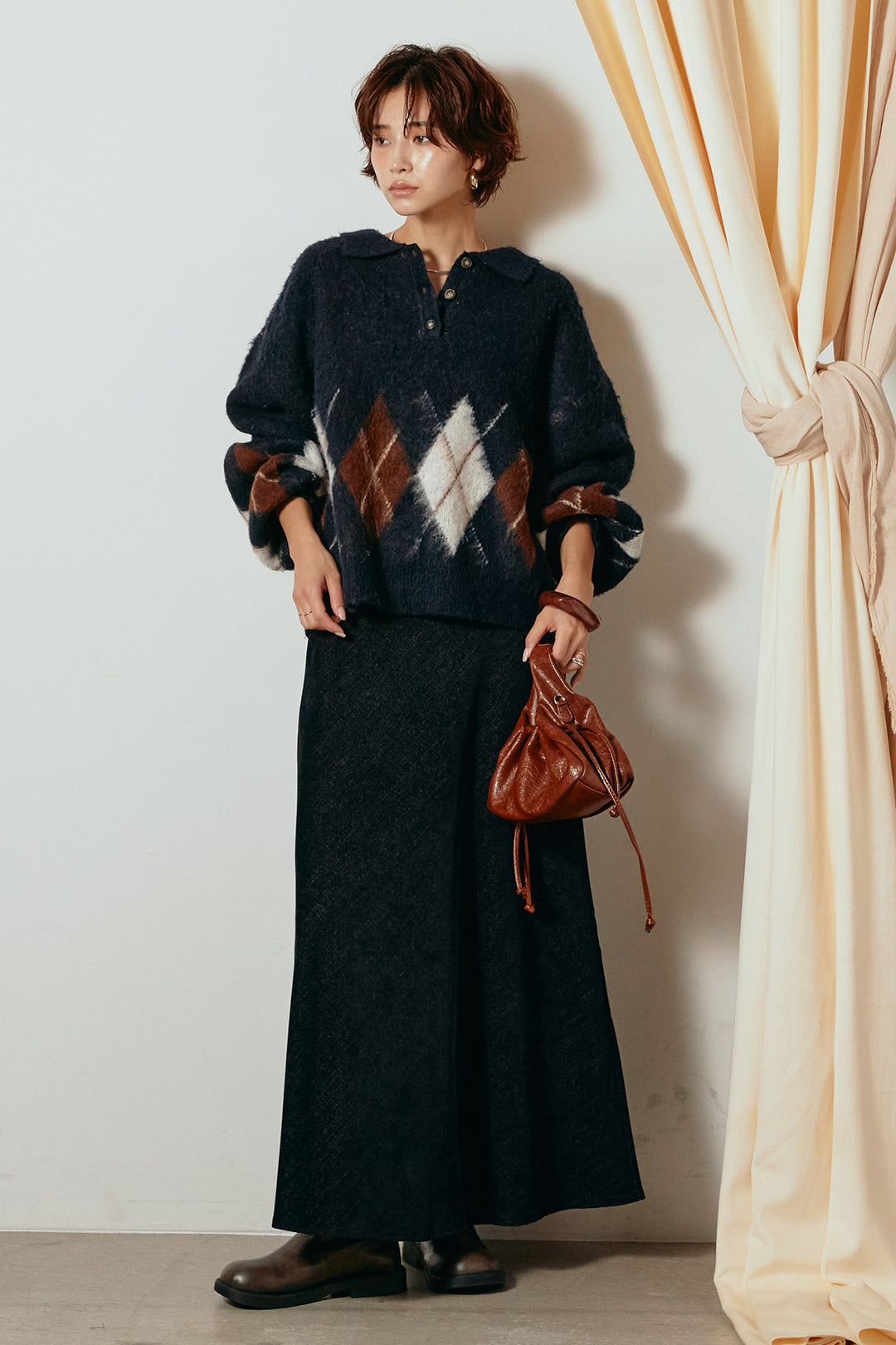 [SET]アーガイル柄ポロニットトップス+スウェードライクロングスカート(2set)