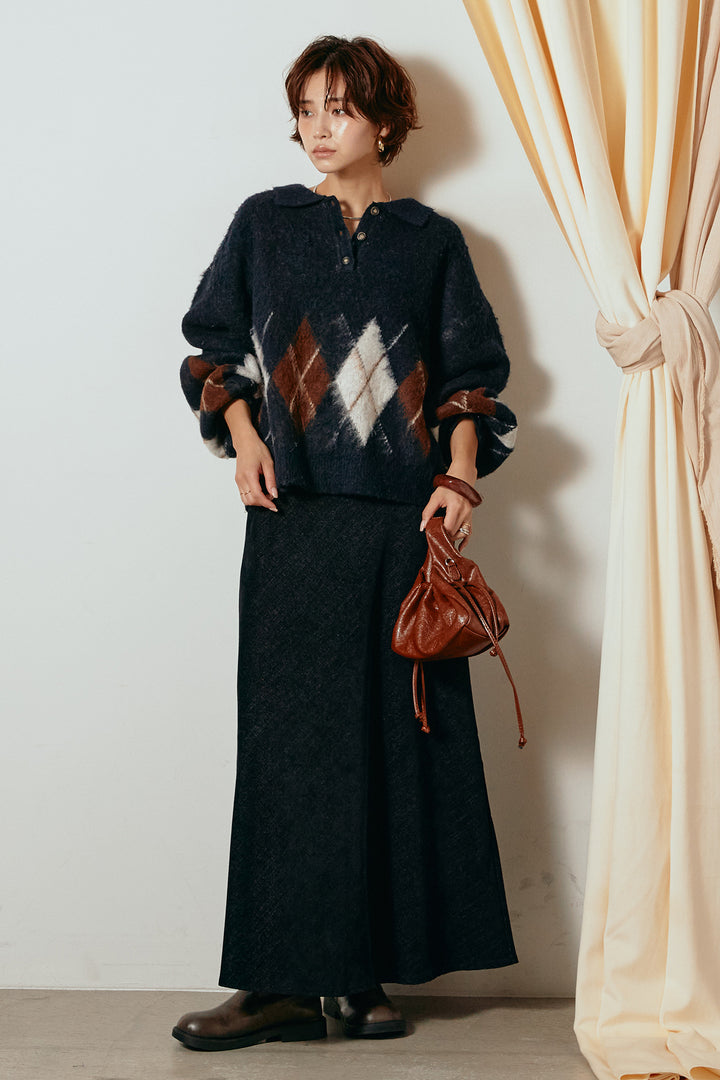 [SET]アーガイル柄ポロニットトップス+スウェードライクロングスカート(2set)