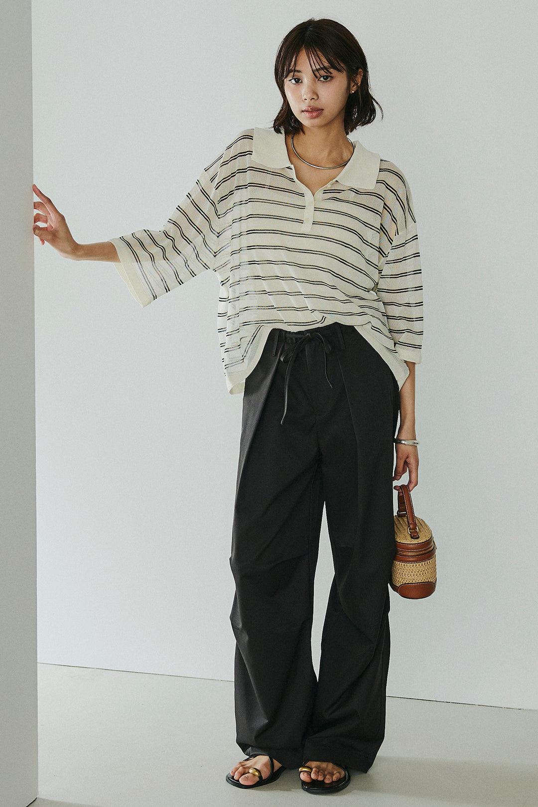 [SET]ボーダーニットポロシャツ+ニーサイドタックウエストドロスパンツ(2set)