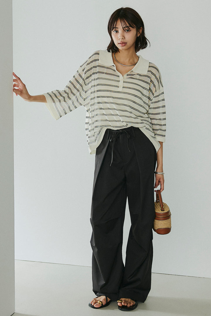 [SET]ボーダーニットポロシャツ+ニーサイドタックウエストドロスパンツ(2set)