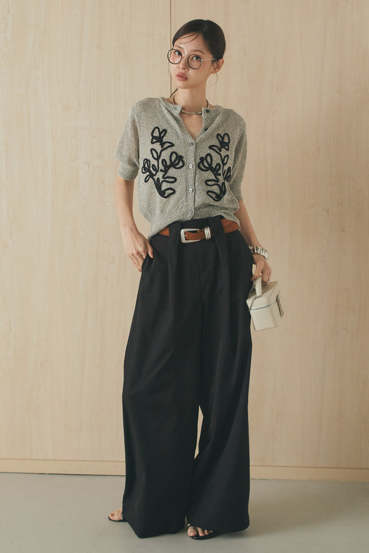 [SET]フロントテープデザイン半袖カーディガン+ベルトループデザインハイウエストタックパンツ(2set)