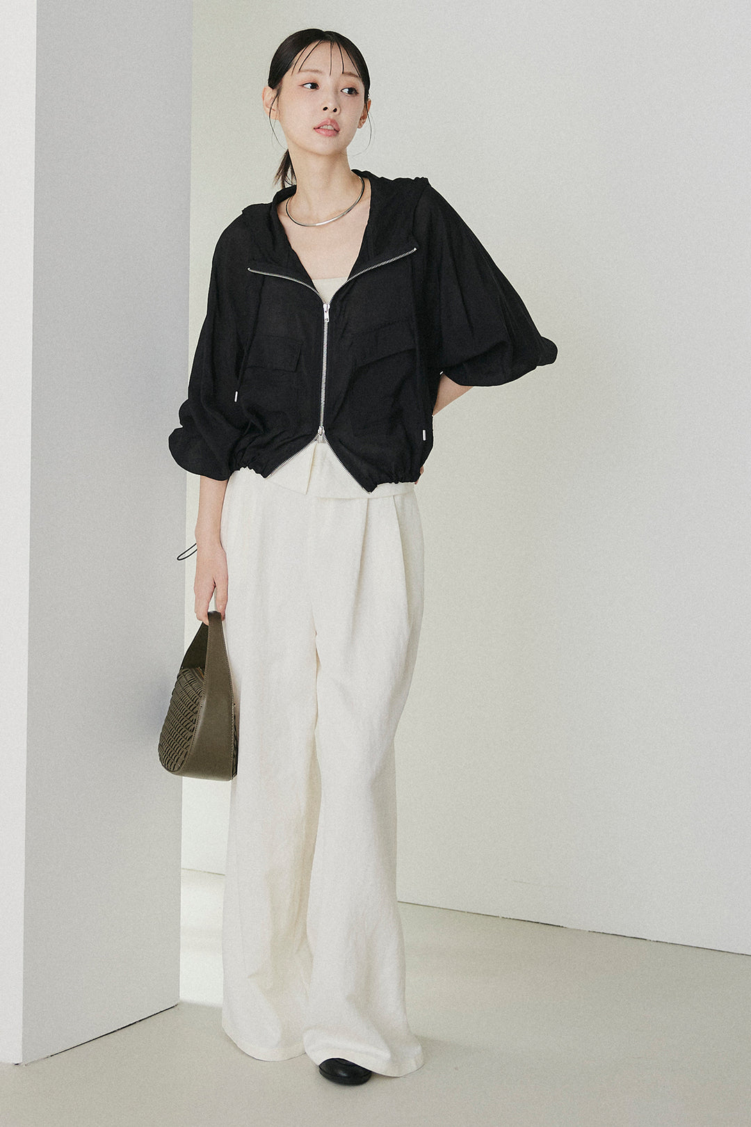 [SET]裾ドロストシアーWジップフーディーブルゾン+ウエスト折り返しワイドパンツ(2set)