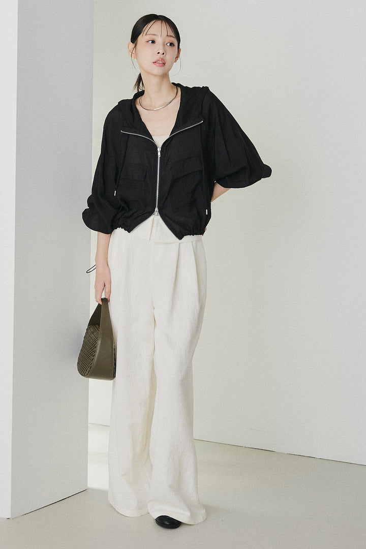 [SET]裾ドロストシアーWジップフーディーブルゾン+ウエスト折り返しワイドパンツ(2set)