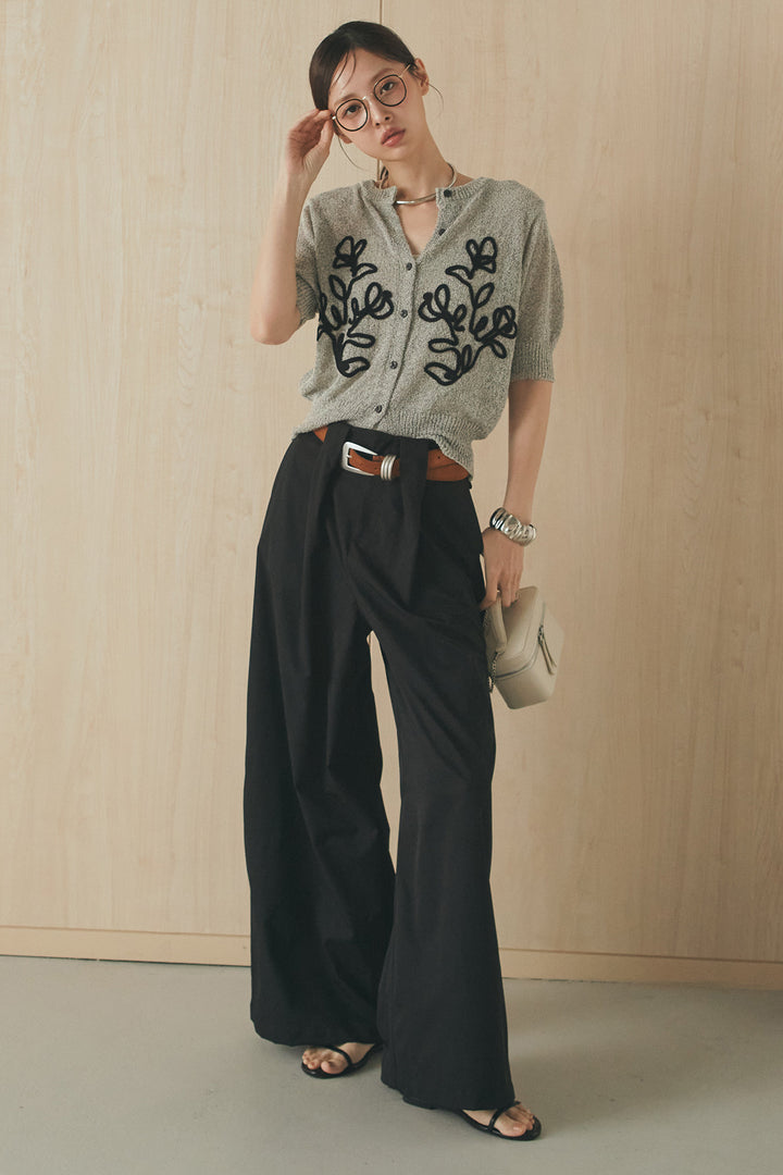 [SET]フロントテープデザイン半袖カーディガン+ベルトループデザインハイウエストタックパンツ(2set)