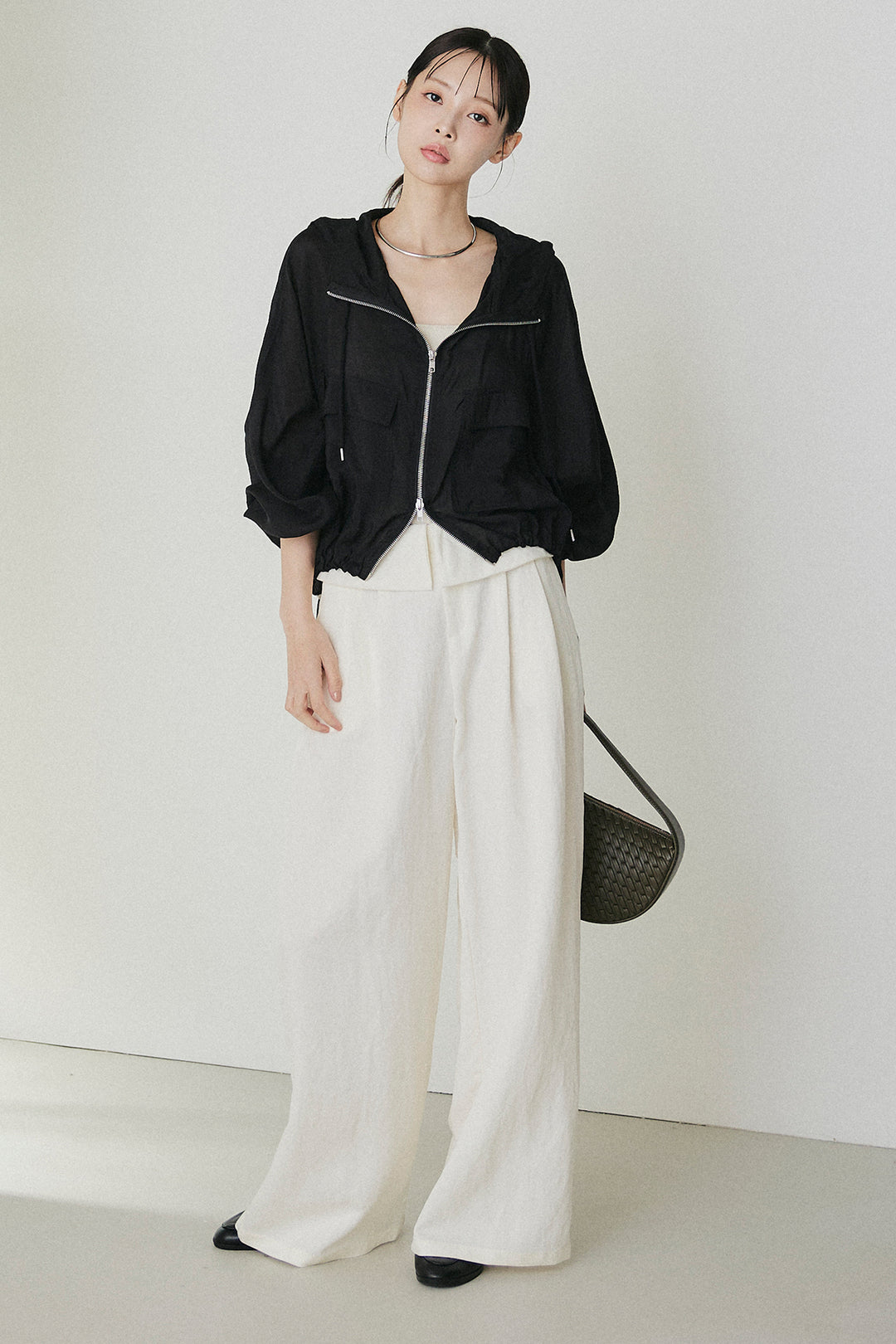 [SET]裾ドロストシアーWジップフーディーブルゾン+ウエスト折り返しワイドパンツ(2set)