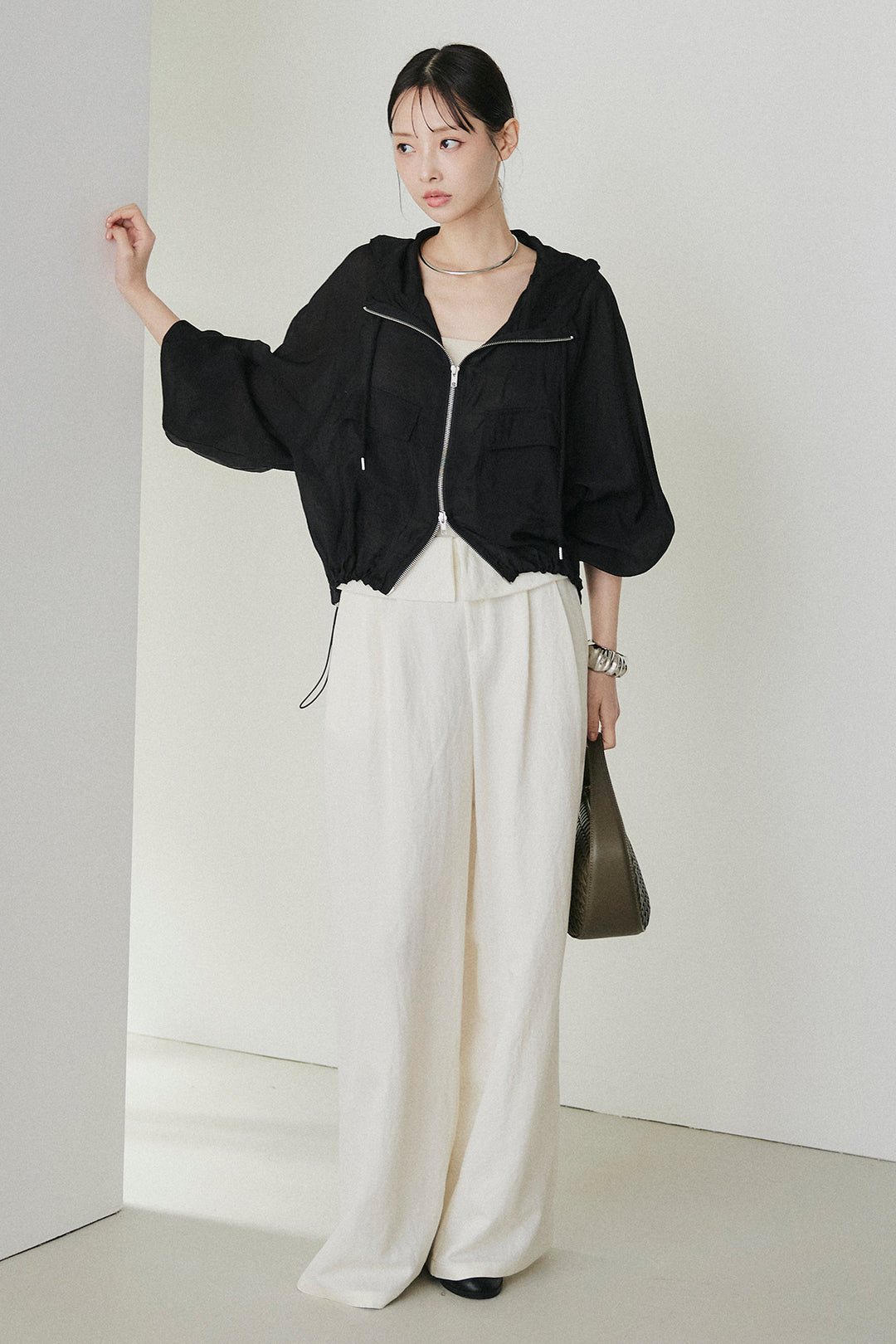 [SET]裾ドロストシアーWジップフーディーブルゾン+ウエスト折り返しワイドパンツ(2set)