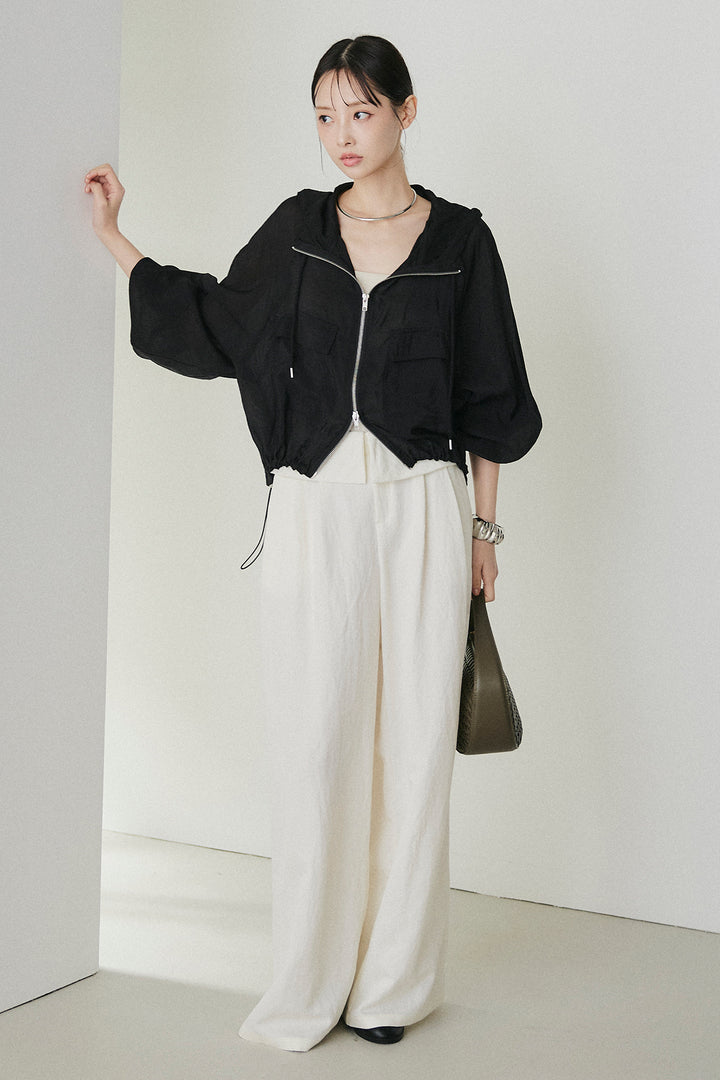 [SET]裾ドロストシアーWジップフーディーブルゾン+ウエスト折り返しワイドパンツ(2set)