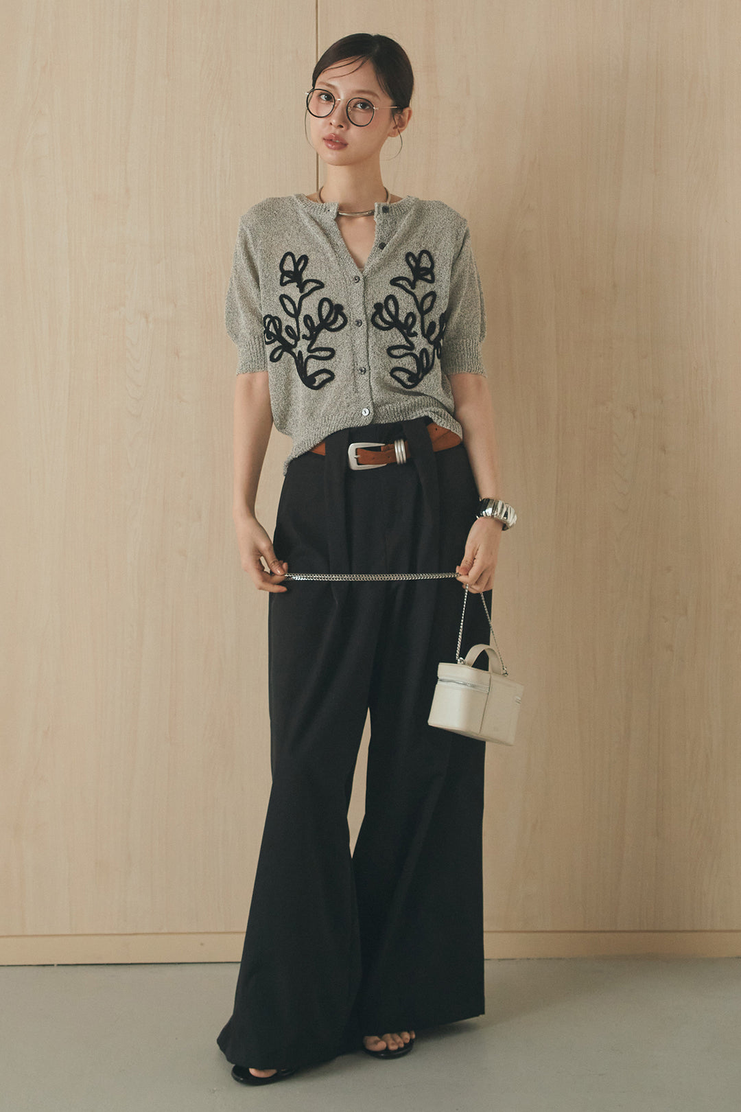 [SET]フロントテープデザイン半袖カーディガン+ベルトループデザインハイウエストタックパンツ(2set)