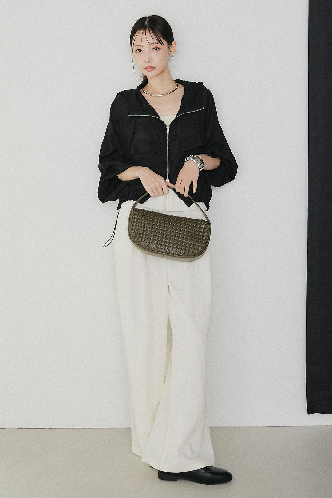 [SET]裾ドロストシアーWジップフーディーブルゾン+ウエスト折り返しワイドパンツ(2set)