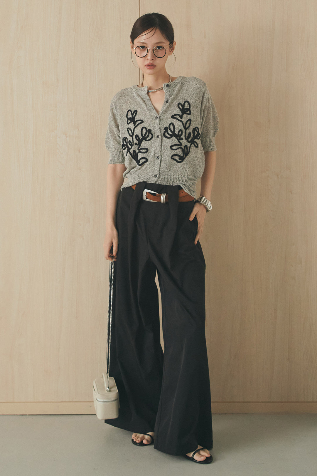 [SET]フロントテープデザイン半袖カーディガン+ベルトループデザインハイウエストタックパンツ(2set)