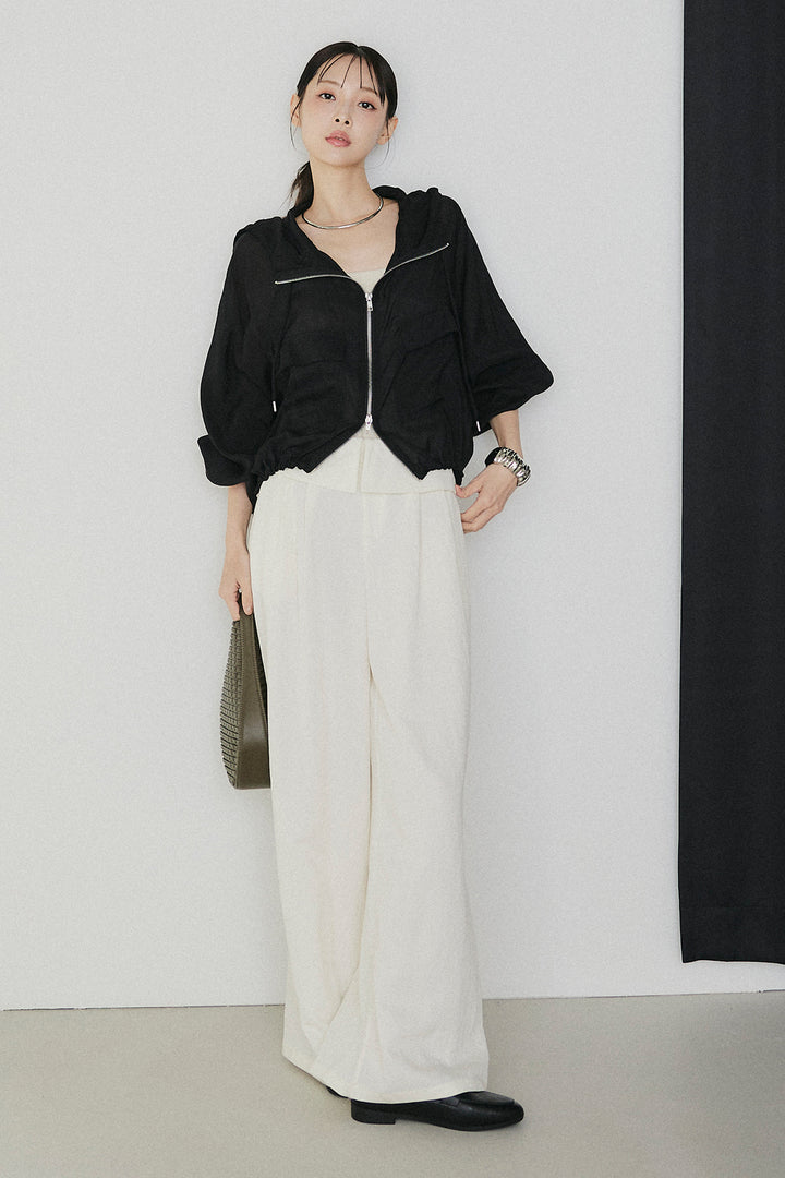 [SET]裾ドロストシアーWジップフーディーブルゾン+ウエスト折り返しワイドパンツ(2set)