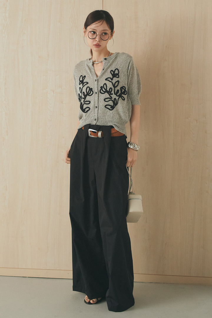 [SET]フロントテープデザイン半袖カーディガン+ベルトループデザインハイウエストタックパンツ(2set)