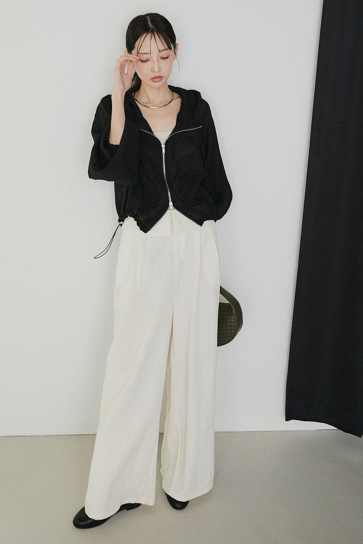 [SET]裾ドロストシアーWジップフーディーブルゾン+ウエスト折り返しワイドパンツ(2set)
