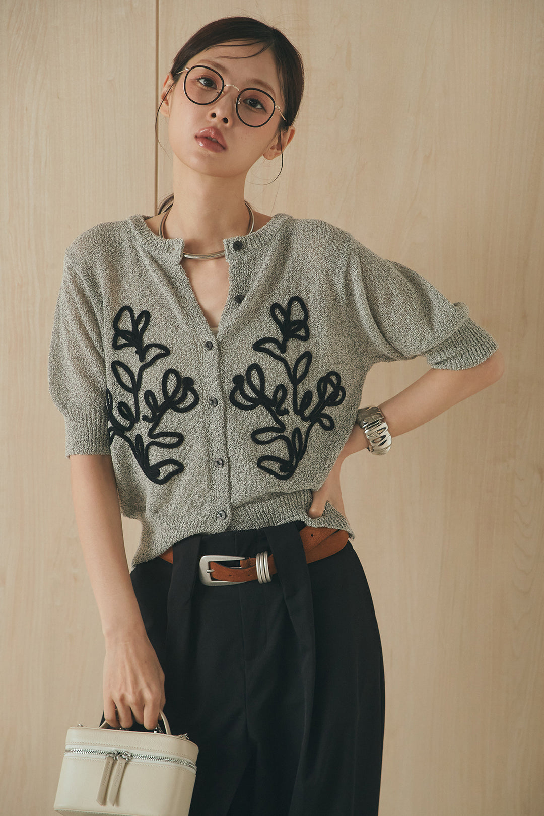 [SET]フロントテープデザイン半袖カーディガン+ベルトループデザインハイウエストタックパンツ(2set)