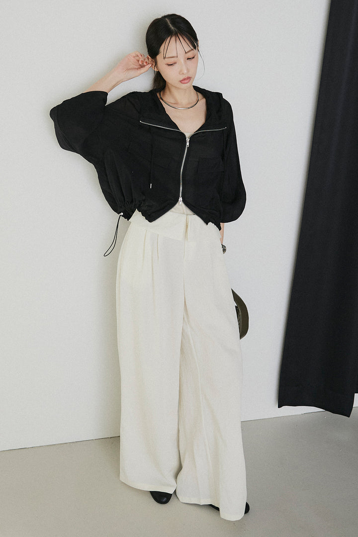 [SET]裾ドロストシアーWジップフーディーブルゾン+ウエスト折り返しワイドパンツ(2set)