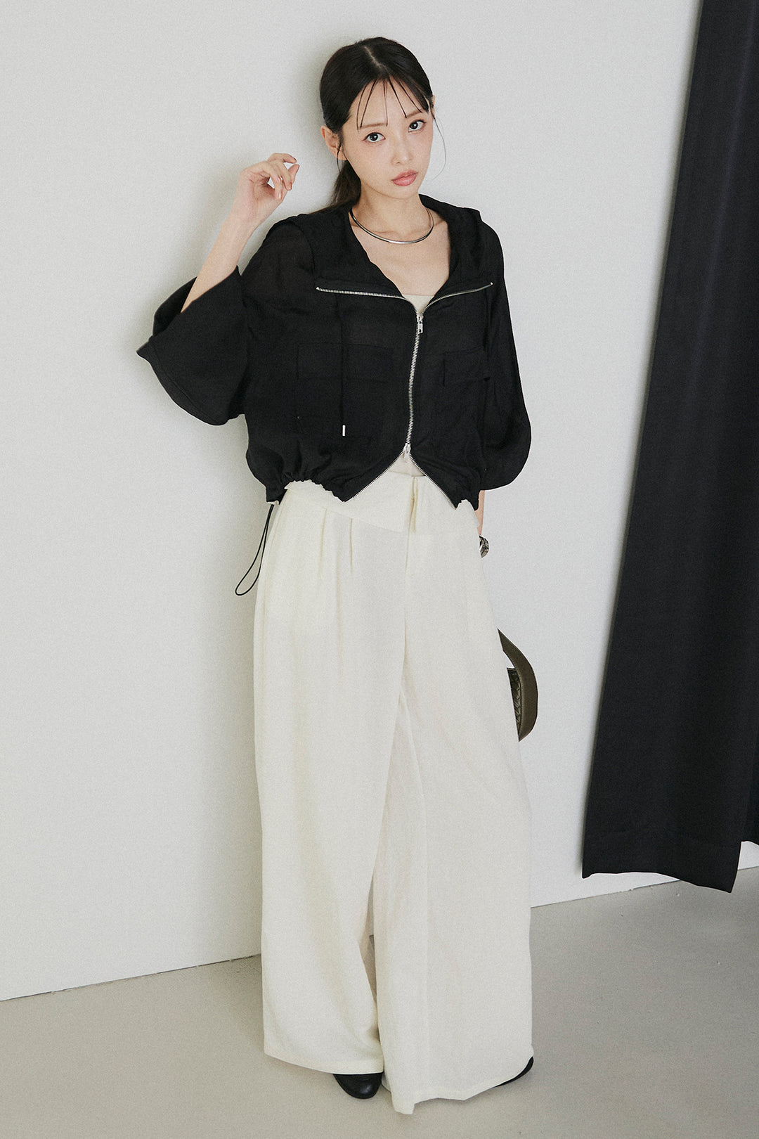 [SET]裾ドロストシアーWジップフーディーブルゾン+ウエスト折り返しワイドパンツ(2set)