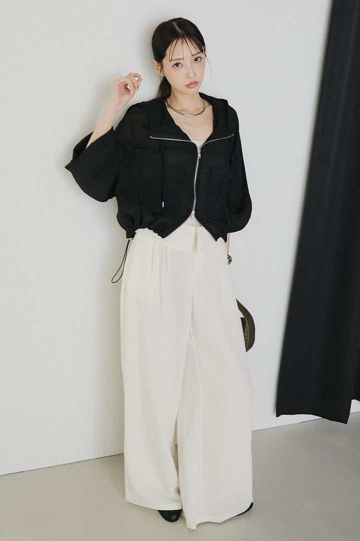 [SET]裾ドロストシアーWジップフーディーブルゾン+ウエスト折り返しワイドパンツ(2set)
