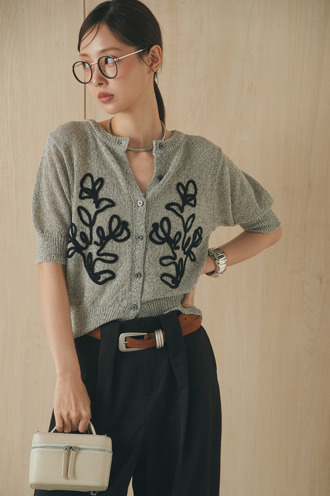 [SET]フロントテープデザイン半袖カーディガン+ベルトループデザインハイウエストタックパンツ(2set)