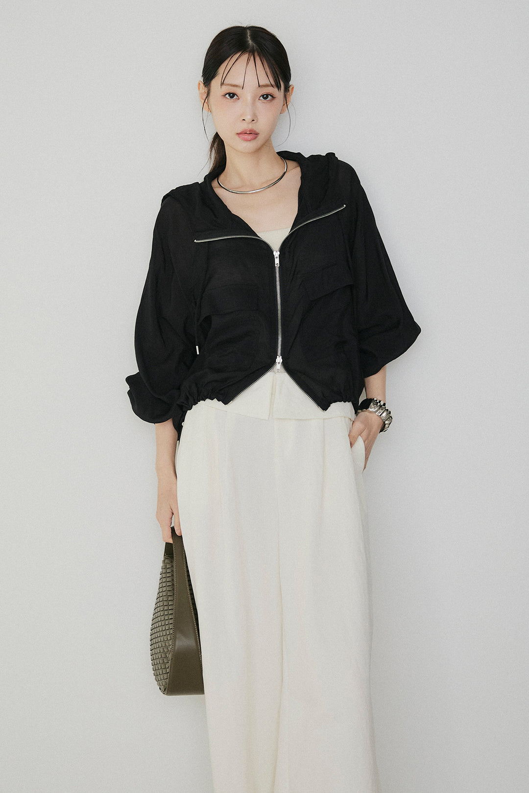 [SET]裾ドロストシアーWジップフーディーブルゾン+ウエスト折り返しワイドパンツ(2set)