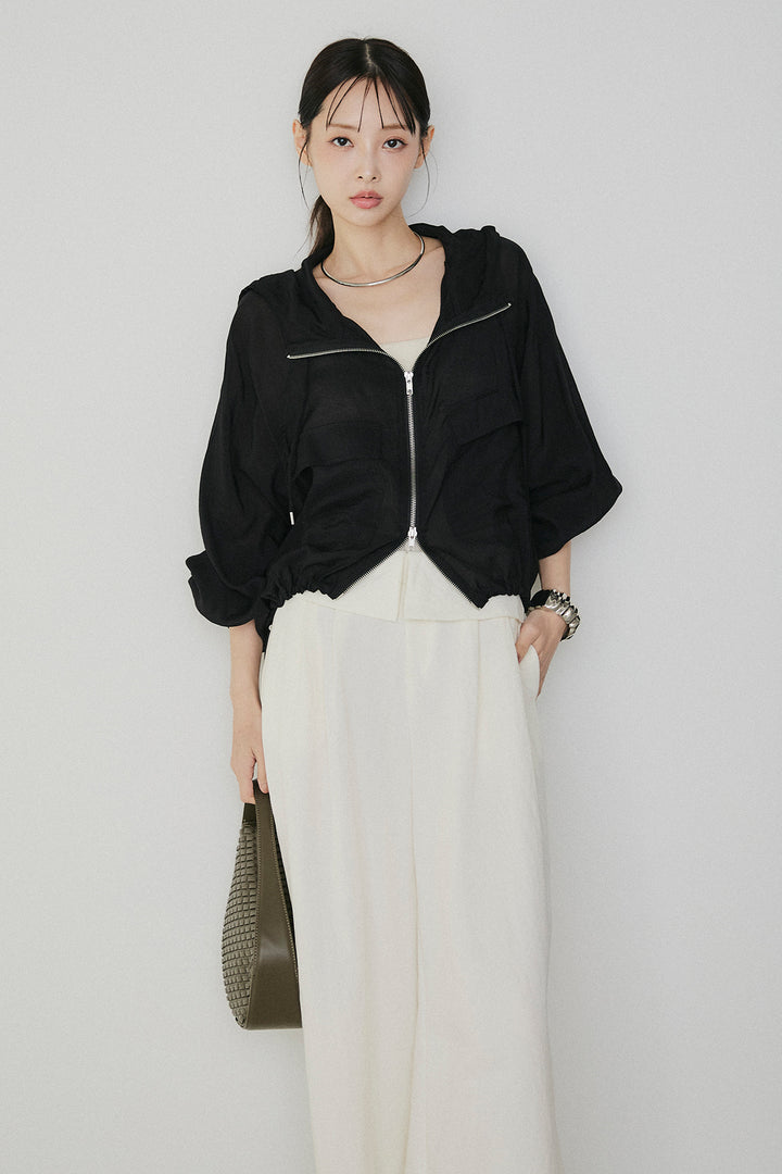 [SET]裾ドロストシアーWジップフーディーブルゾン+ウエスト折り返しワイドパンツ(2set)