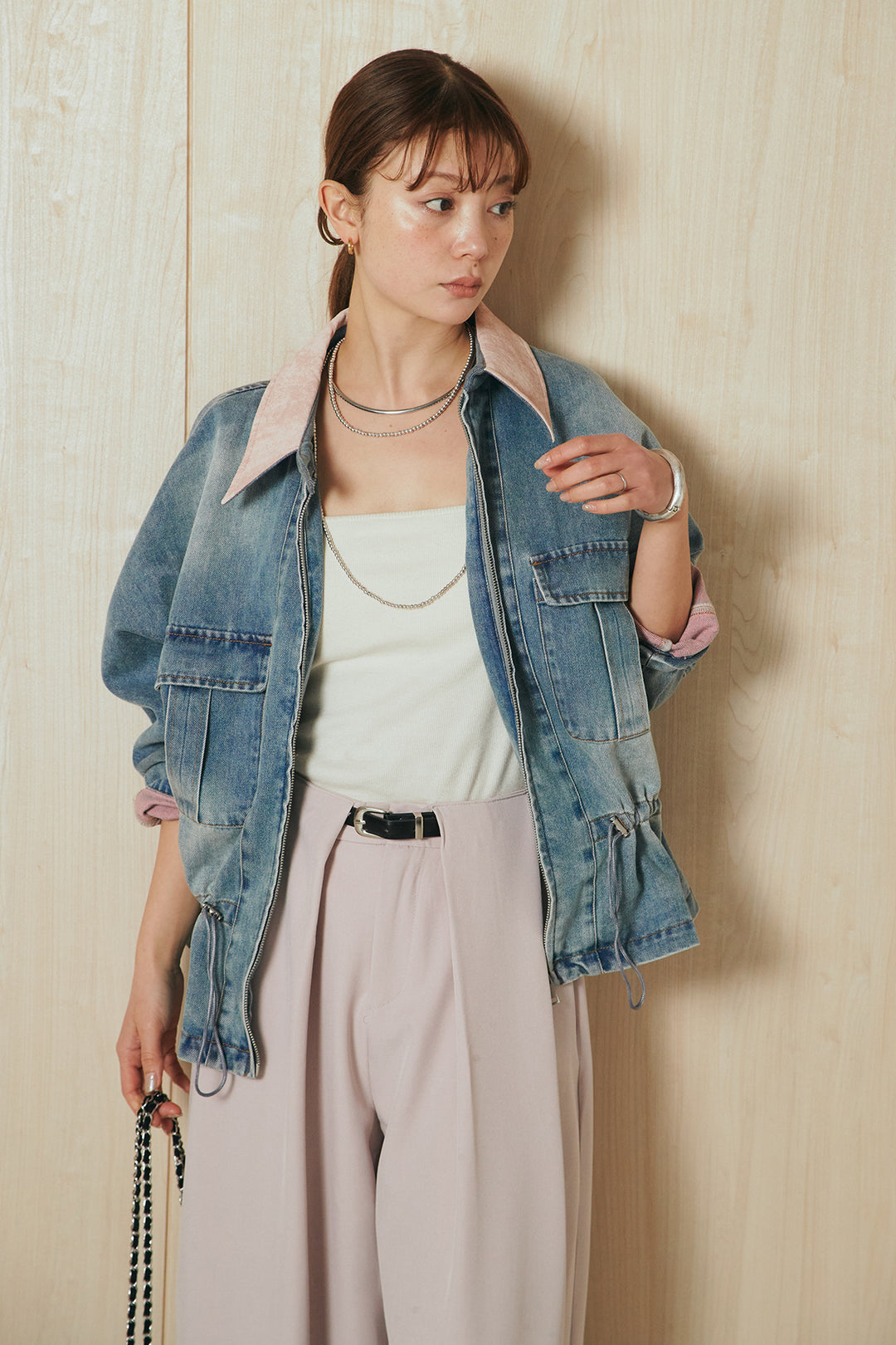 [SET]襟付き配色デニムブルゾン+ビックベルトループタックベルト付きワイドパンツ(2set)