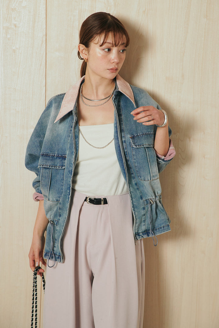 [SET]襟付き配色デニムブルゾン+ビックベルトループタックベルト付きワイドパンツ(2set)