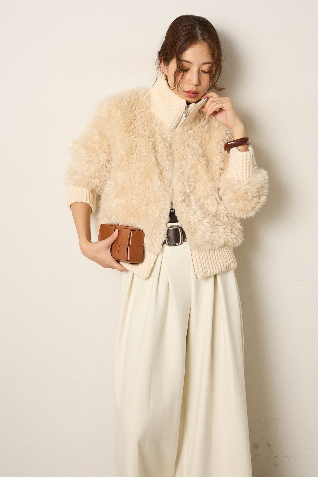 [SET]ハイネックボアブルゾン+フェイクレザー太ベルト付きタックワイドパンツ(2set)