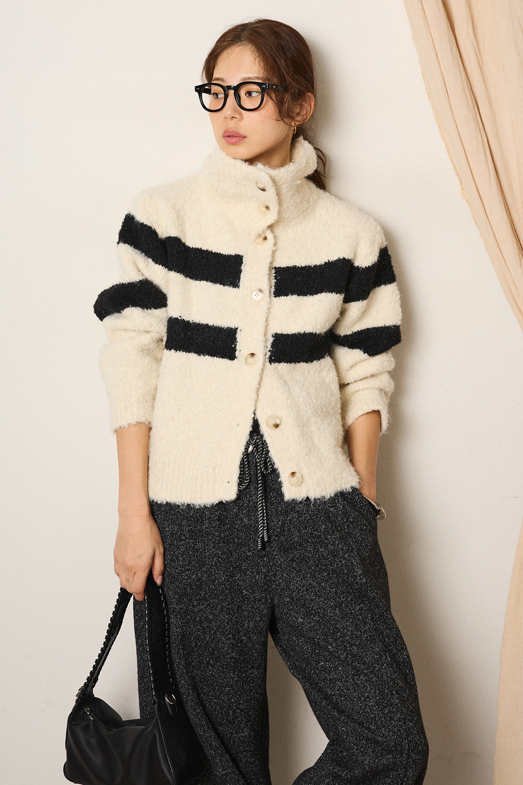 [SET]ハイネックボーダーニットカーディガン+杢ニットフレアパンツ(2set)