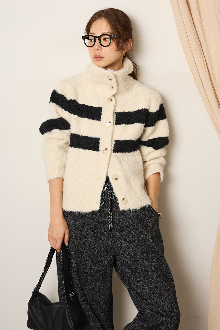 [SET]ハイネックボーダーニットカーディガン+杢ニットフレアパンツ(2set)