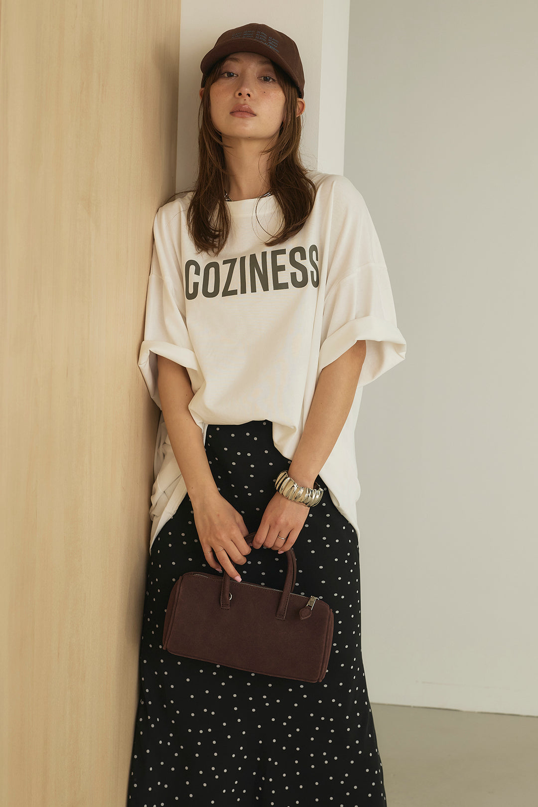 [SET]プリントロゴチュニックTシャツ+ドットサテンナロースカート(2set)