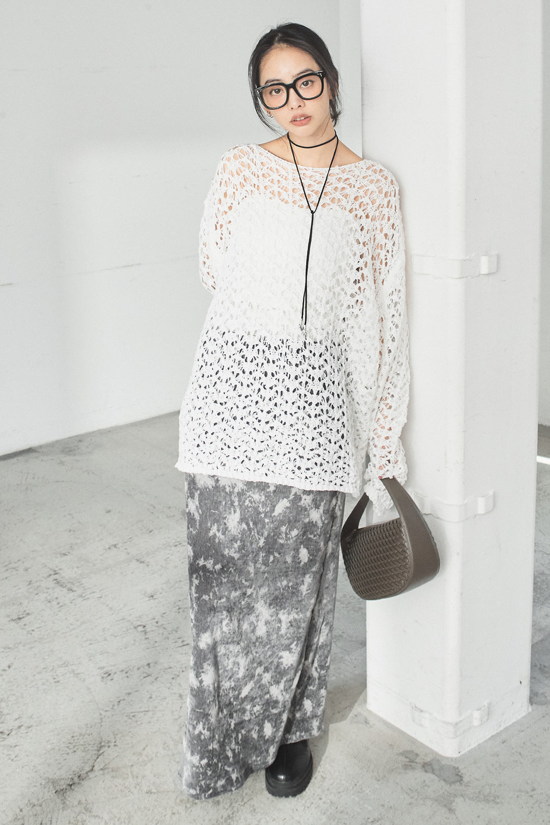 [SET]リラックスメッシュニットトップス+タイダイ柄ベロアワイドスカート(2set)