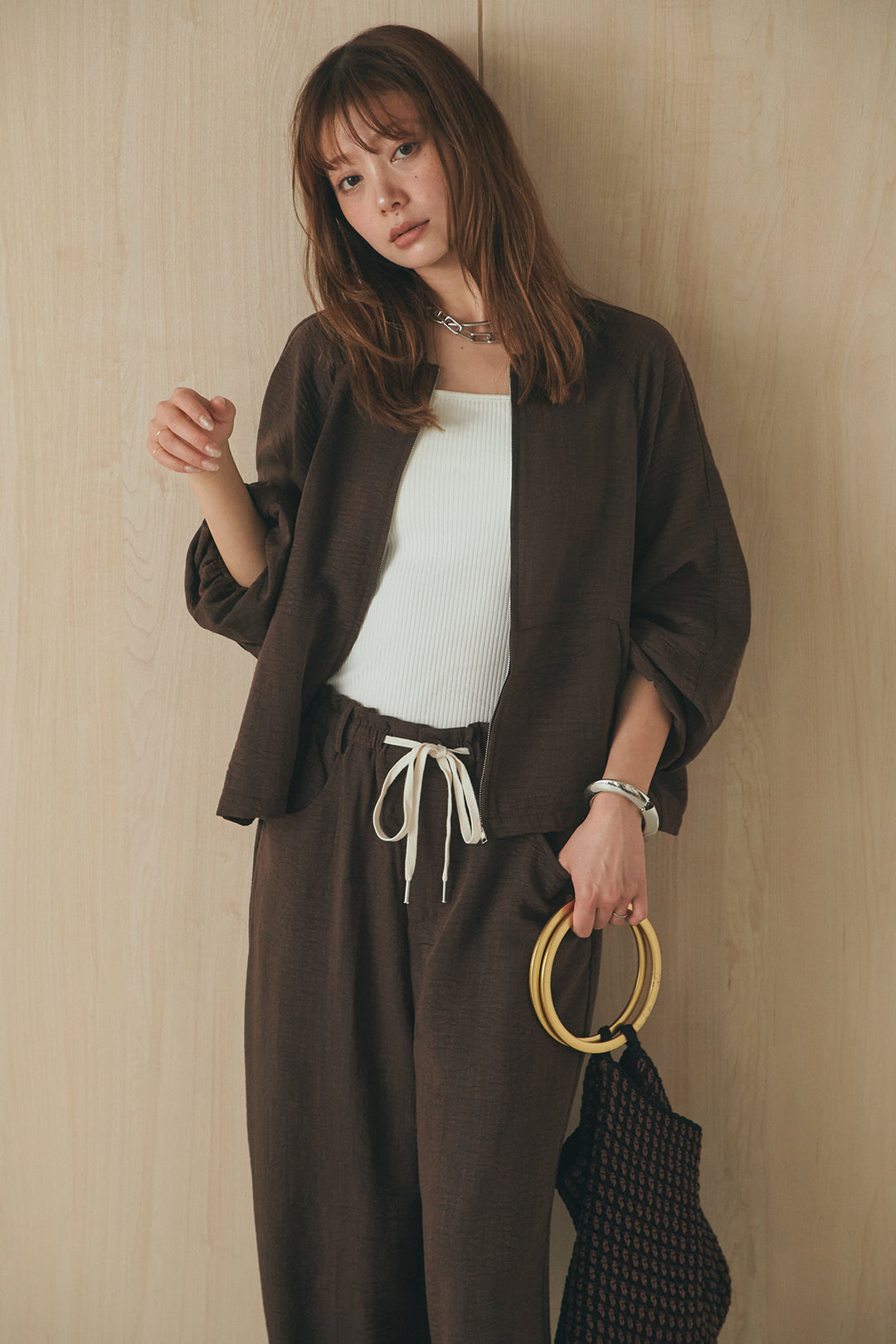 [SET]麻混ノーカラーブルゾン+麻混ウエストドロストパンツ(2set)