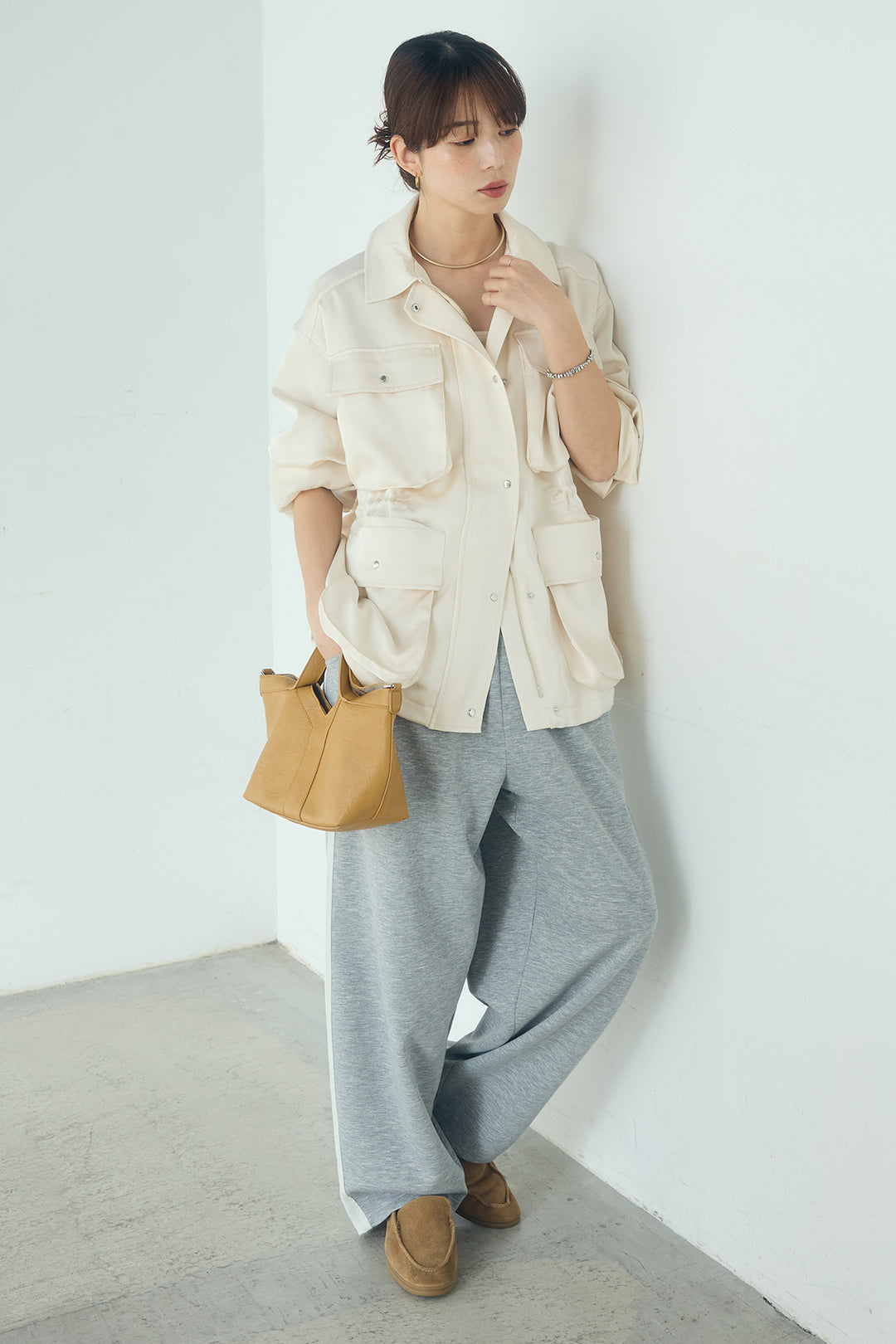 [SET]サテンライトブルゾン+異素材切り替えスウェットパンツ(2set)