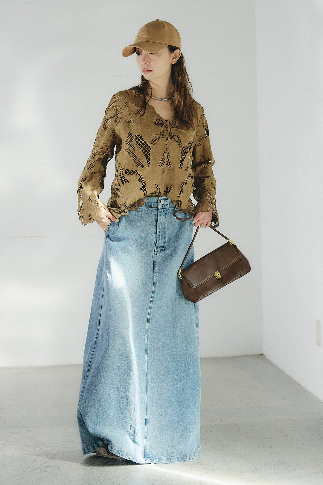 [SET]フラワー刺繍レースブラウス+デニムロングフレアスカート(2set)