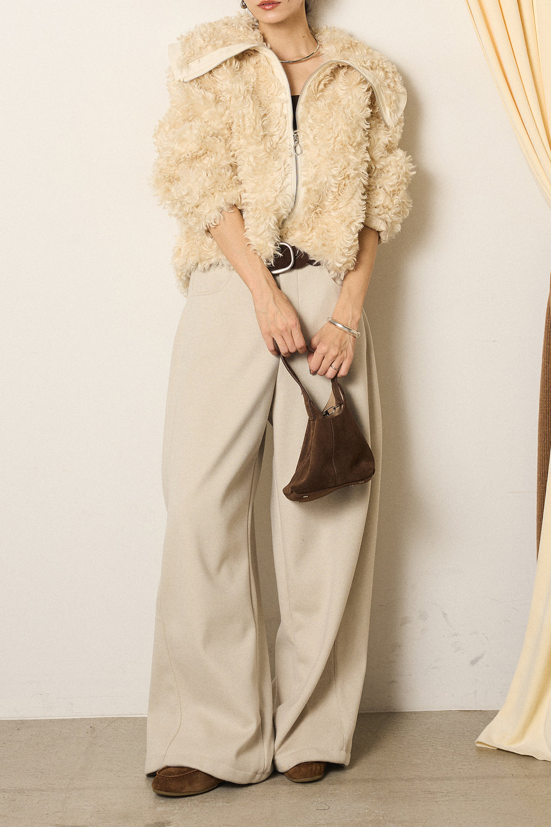 [SET]ビッグカラープードルボアアウター+編みベルト付きワイドパンツ(2set)