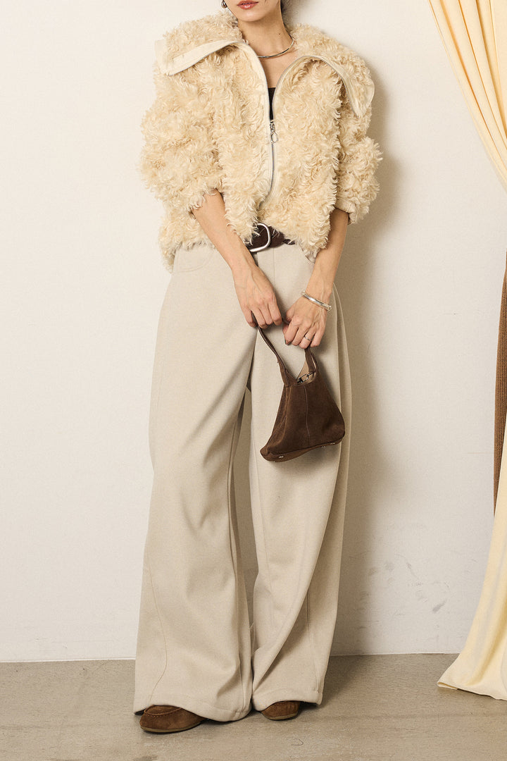 [SET]ビッグカラープードルボアアウター+編みベルト付きワイドパンツ(2set)