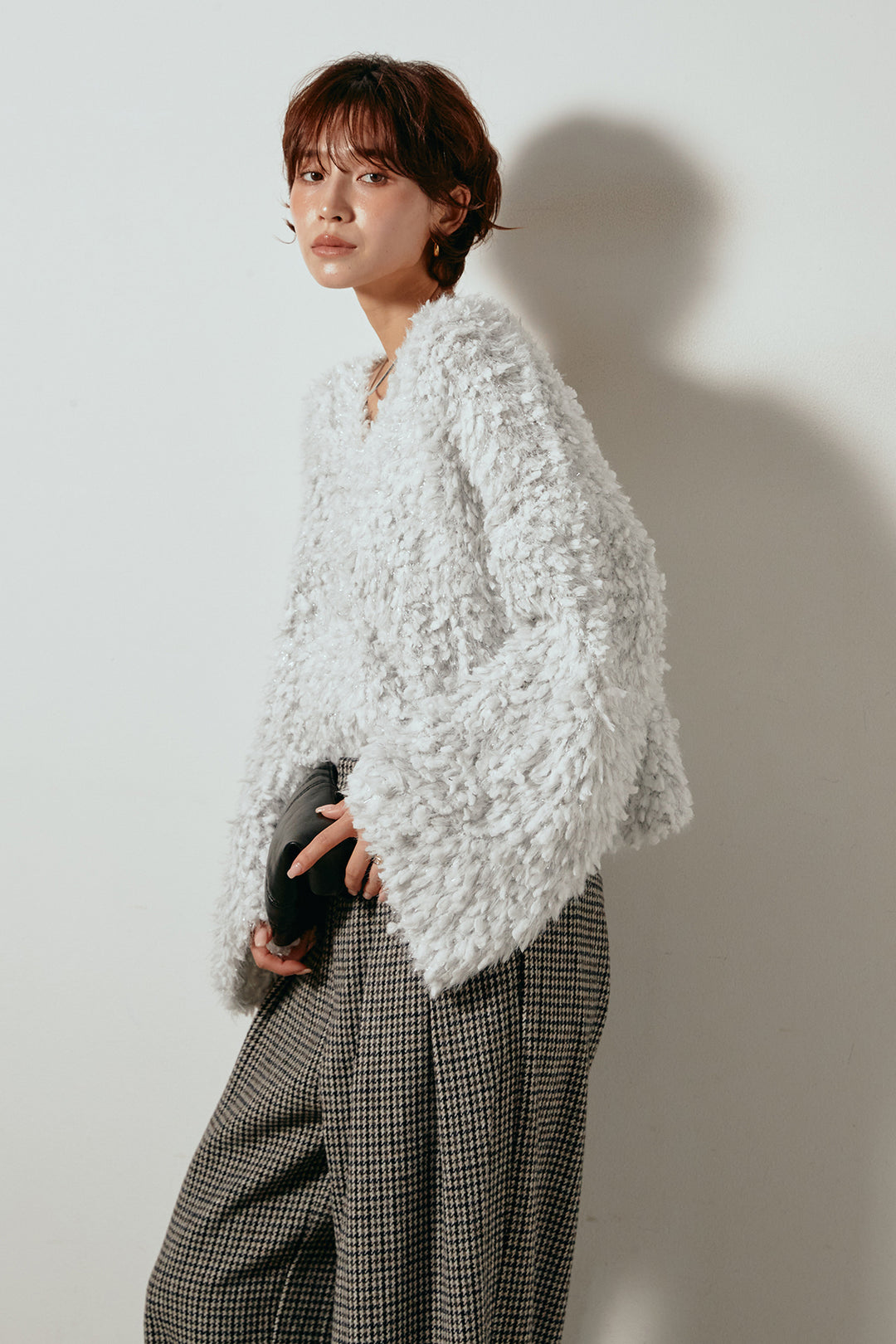 [SET]深Vネックチョウチョヤーンニットトップス+ガンクラブチェックタックパンツ(2set)