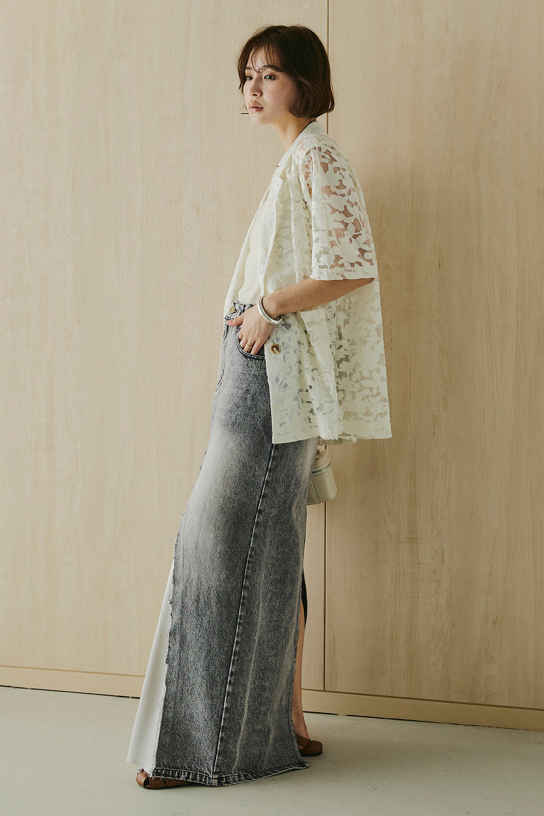 [SET]シアージャガードハーフスリーブテーラードジャケット+サテン切り替えデニムスカート(2set)