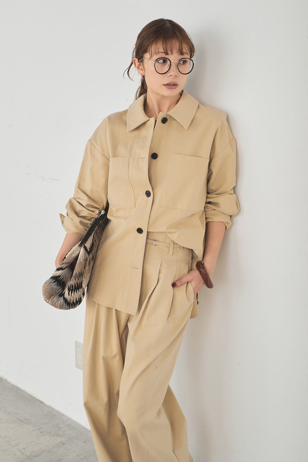 [SET]ツイルシャツジャケット+ツイルハイウエストタックパンツ(2set)