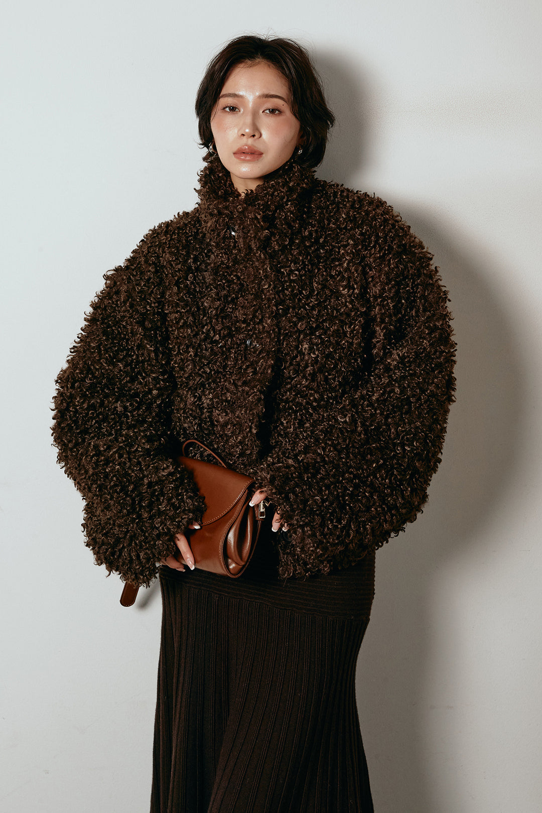 [SET]プードルファーミドルジャケット+編み地切り替えフレアニットスカート(2set)