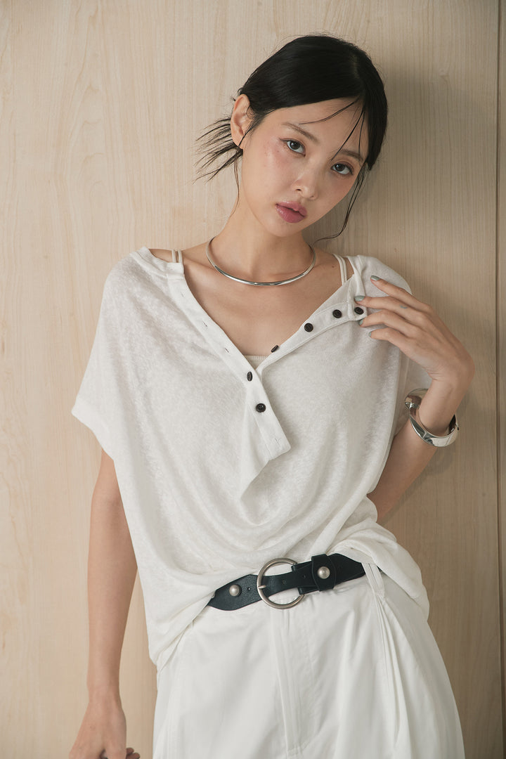[SET]ヘンリーネックドレープカットソー+サークルバックルベルト付きタックワイドパンツ(2set)