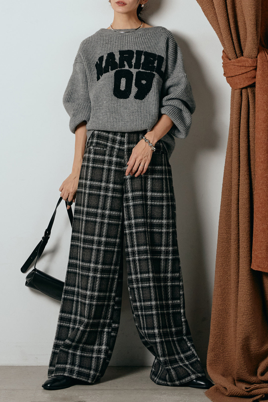 [SET]ロゴジャガードニットトップス+ルーズタータンチェックワイドパンツ(2set)