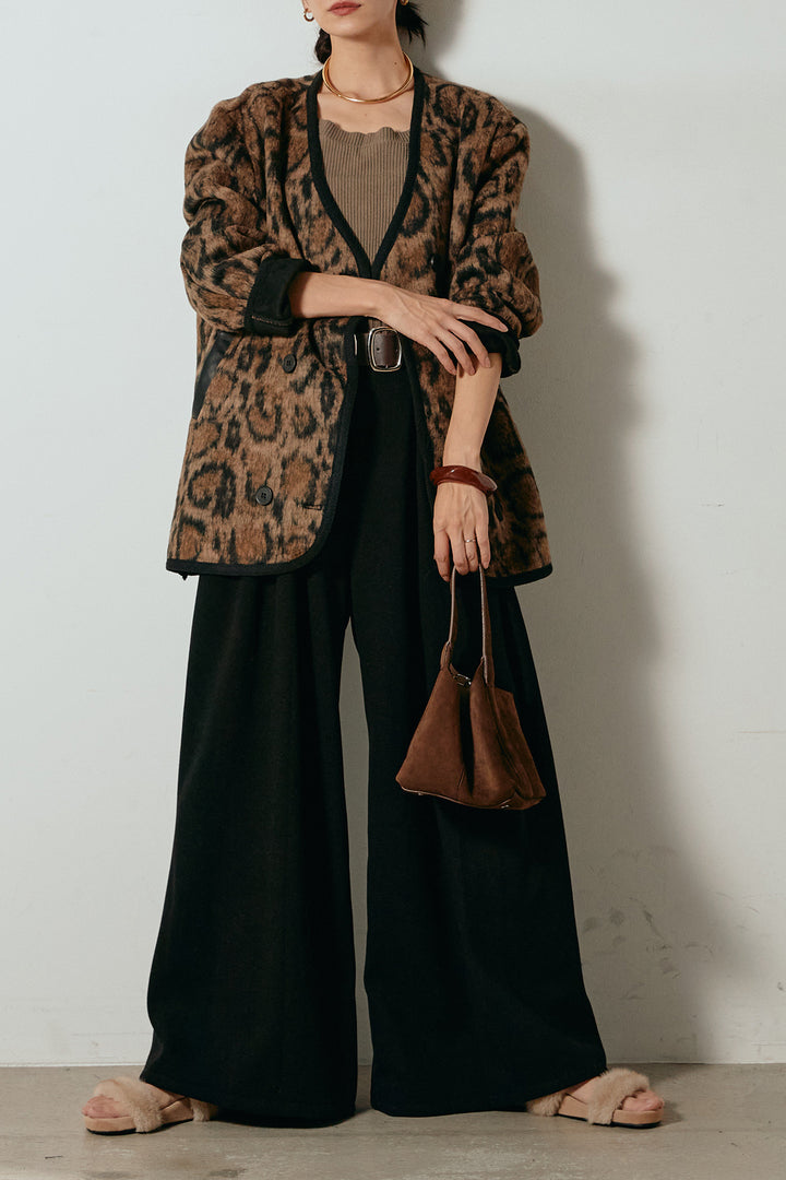 [SET]ノーカラーレオパード柄アウター+フェイクレザー太ベルト付きタックワイドパンツ(2set)