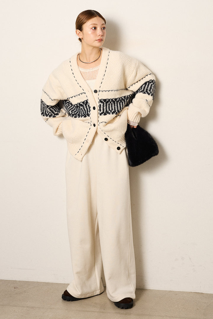 [SET]ライン柄ステッチニットカーディガン+2WAY袖コード刺繍クルーネックプルオーバー(2set)