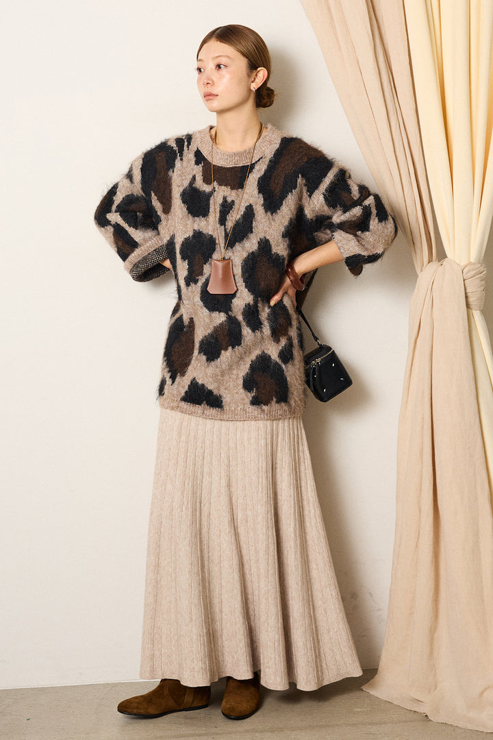 [SET]ルーズアニマルモヘアニットトップス+編み地切り替えフレアニットスカート(2set)