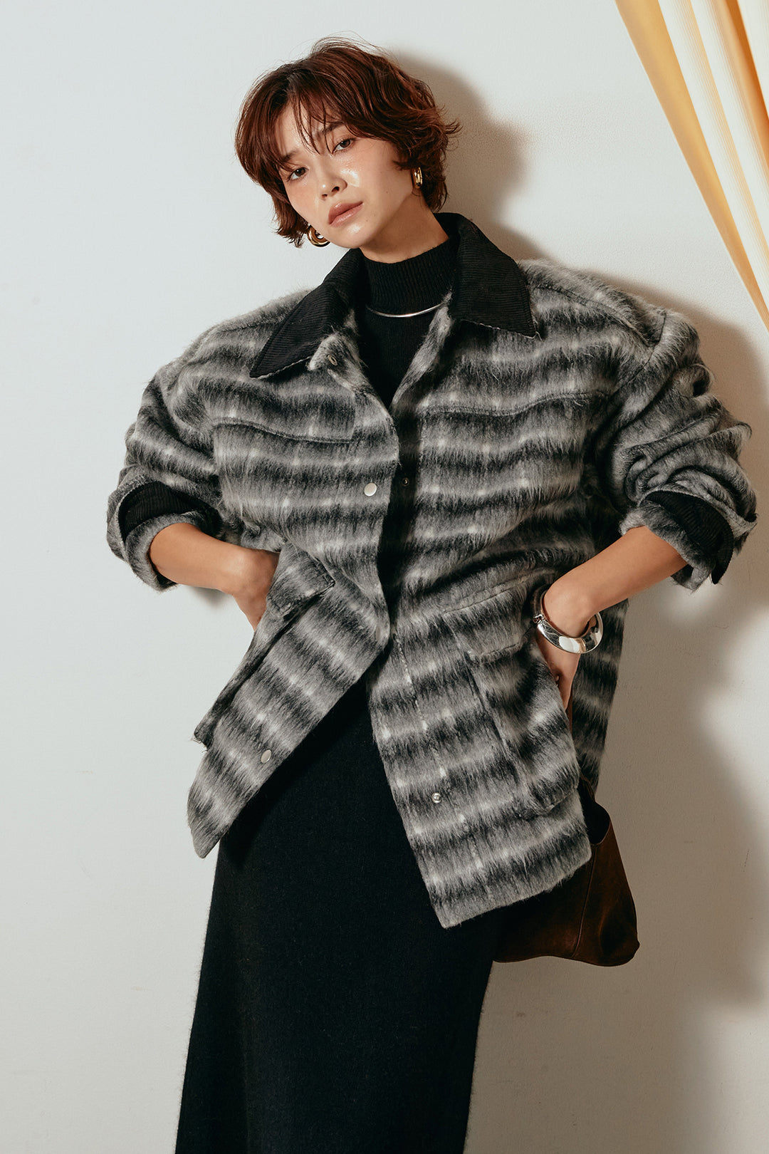 [SET]チェックシャギーミドルカバーオール+ノースリーブニットロングワンピース(2set)