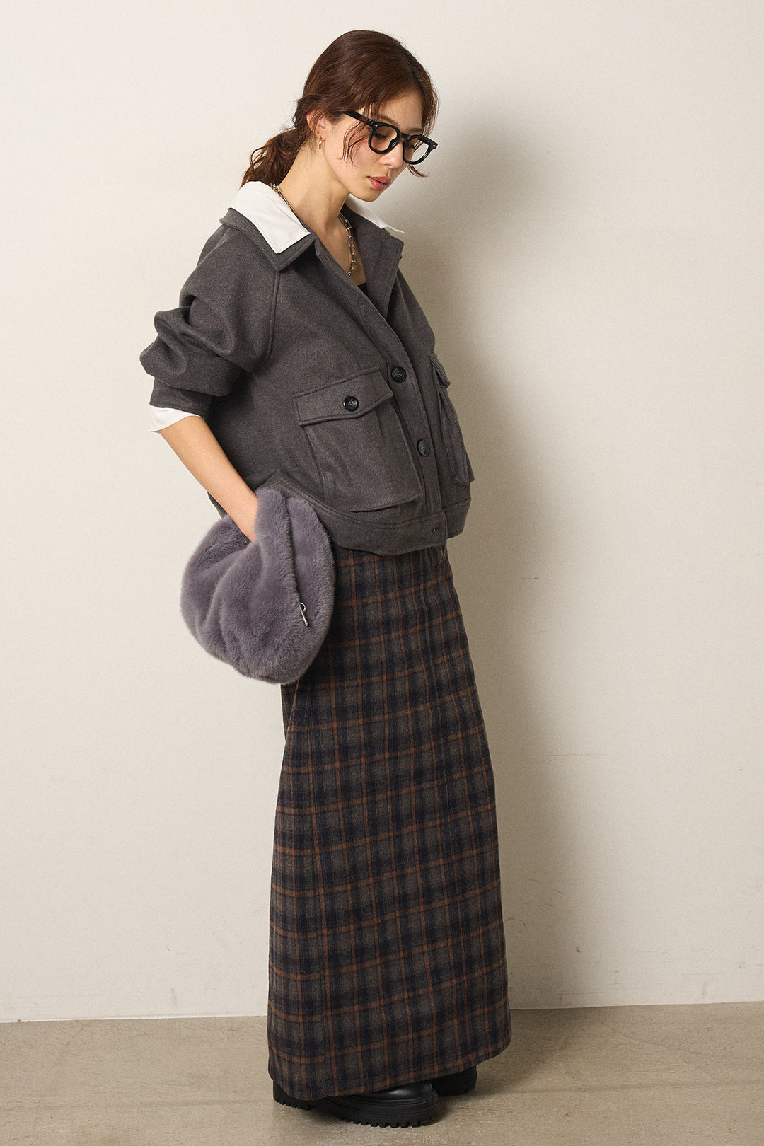 [SET]衿レイヤードフェイクウールジャケット+シャギーチェックストレートスカート(2set)