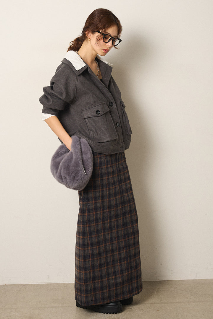 [SET]衿レイヤードフェイクウールジャケット+シャギーチェックストレートスカート(2set)