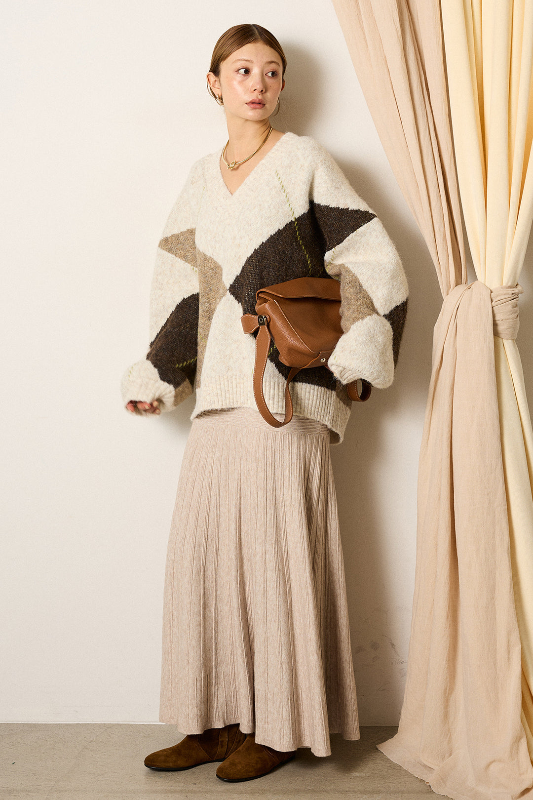 【着回しセット】[SET]ルーズアーガイルVネックニット+ルーズアーガイルVネックニット+編み地切り替えフレアニットスカート(3set)