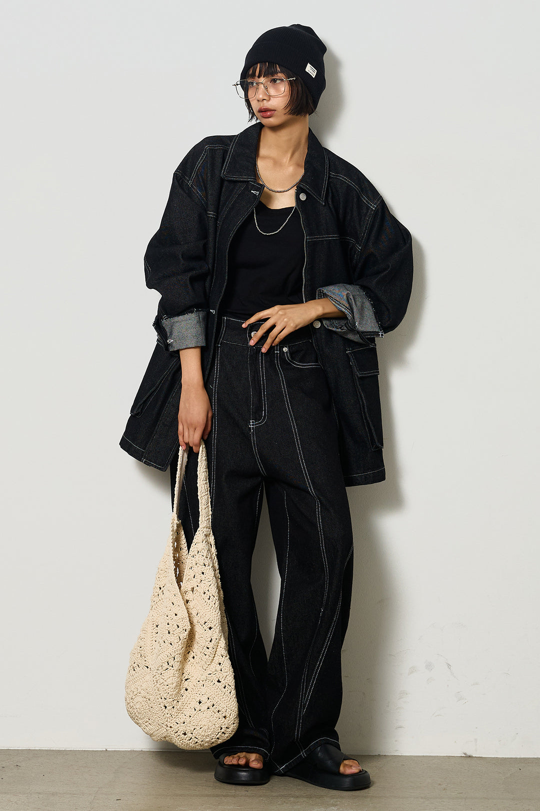 【即納】ステッチデザインデニムジップジャケット